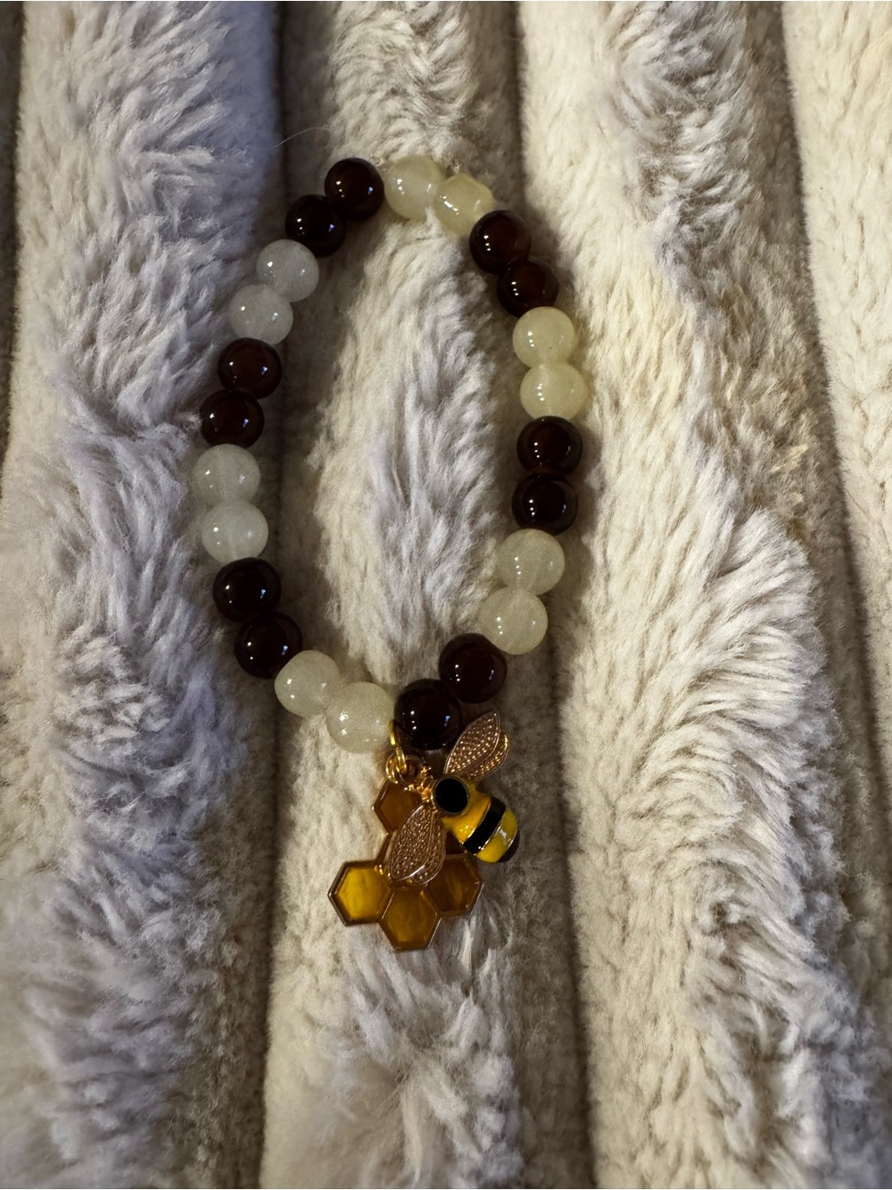 Bee Charm Brown & Cream Beaded Stretch Bracelet